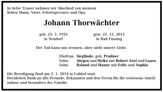 Thorwaechter Johann 1933-2013 Todesanzeige